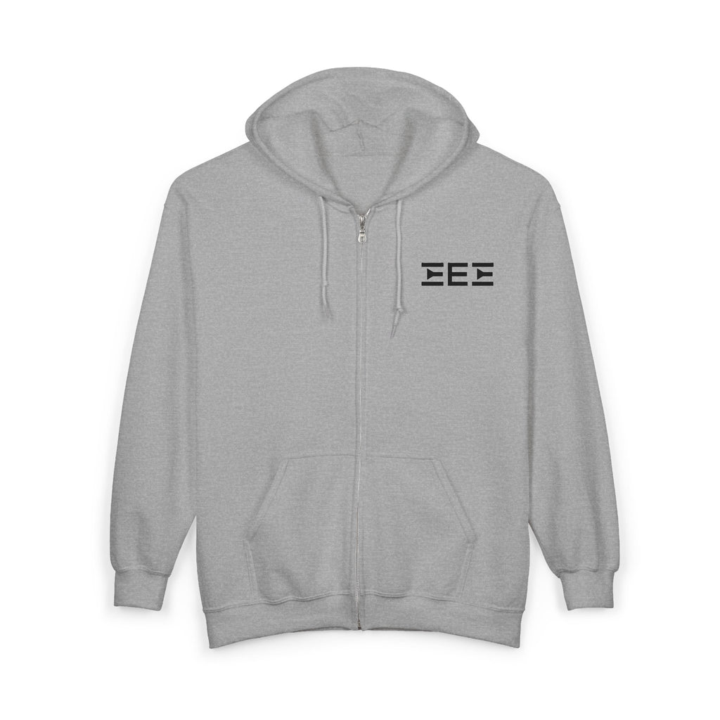 Minimalist 'EEE' Grey Full-Zip Hoodie — Casual Everyday Zip-Up Sweatshirt