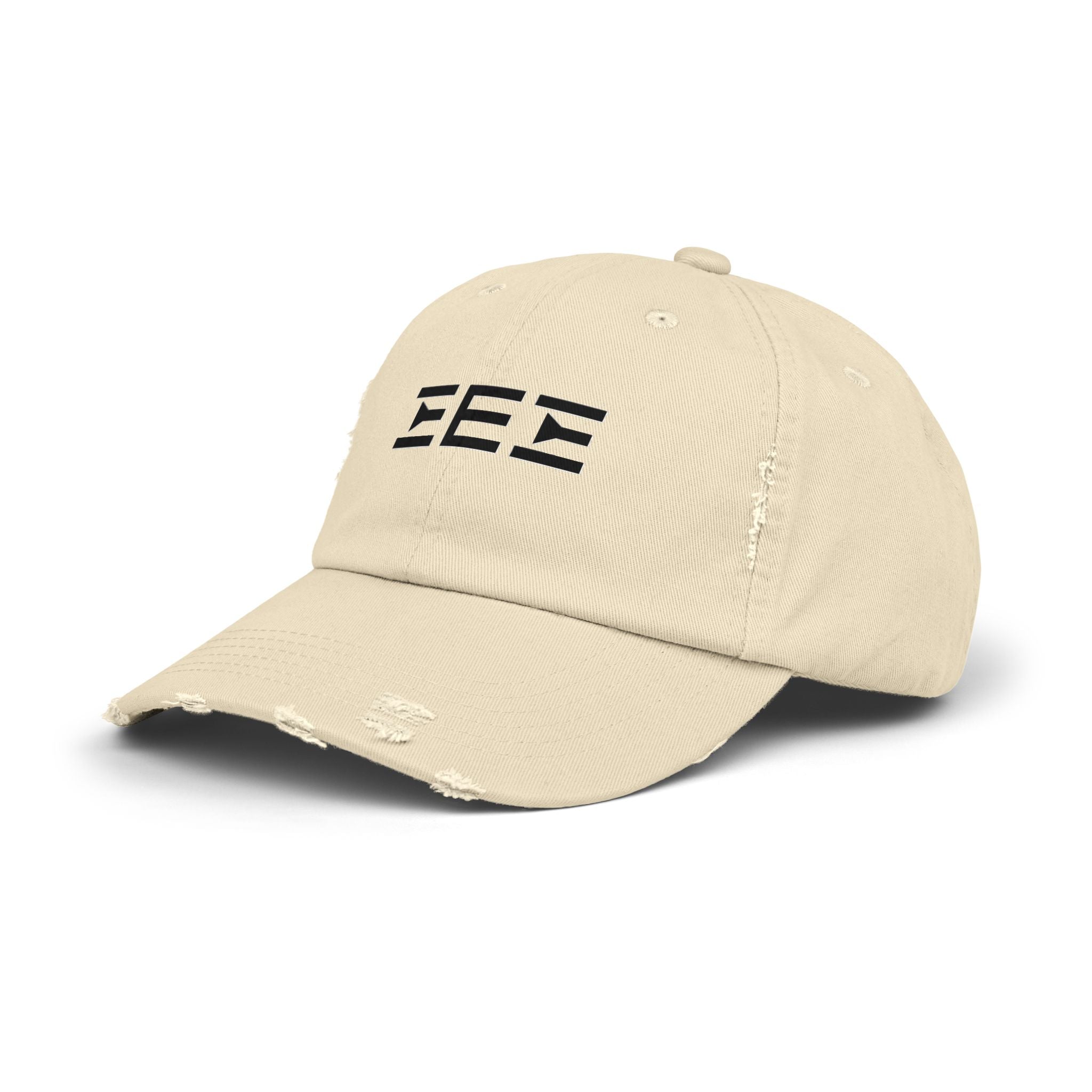 Distressed Baseball Cap with Stylized EEE Logo — Vintage Tan Hat