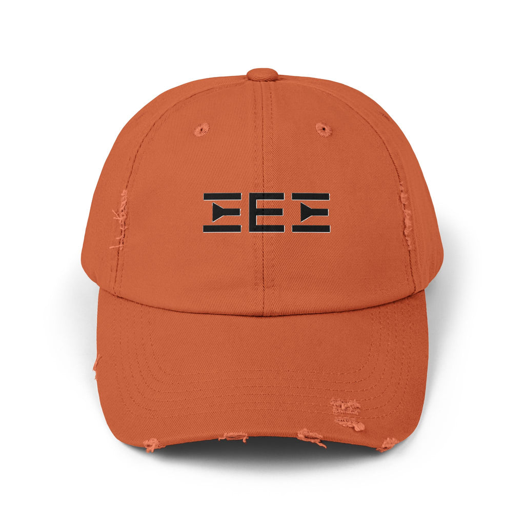 Distressed Baseball Cap with Stylized EEE Logo — Vintage Tan Hat
