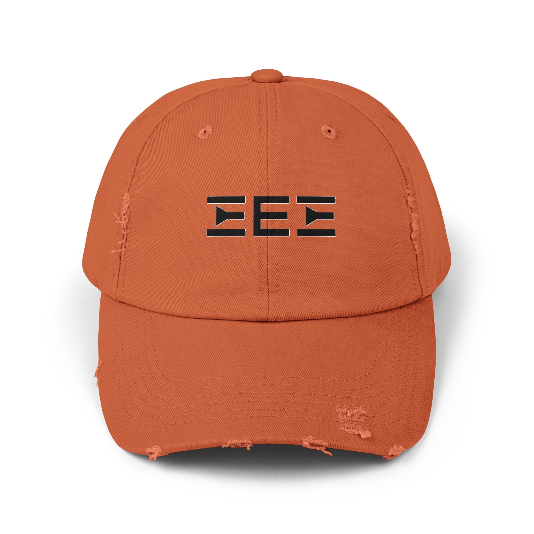 Distressed Baseball Cap with Stylized EEE Logo — Vintage Tan Hat