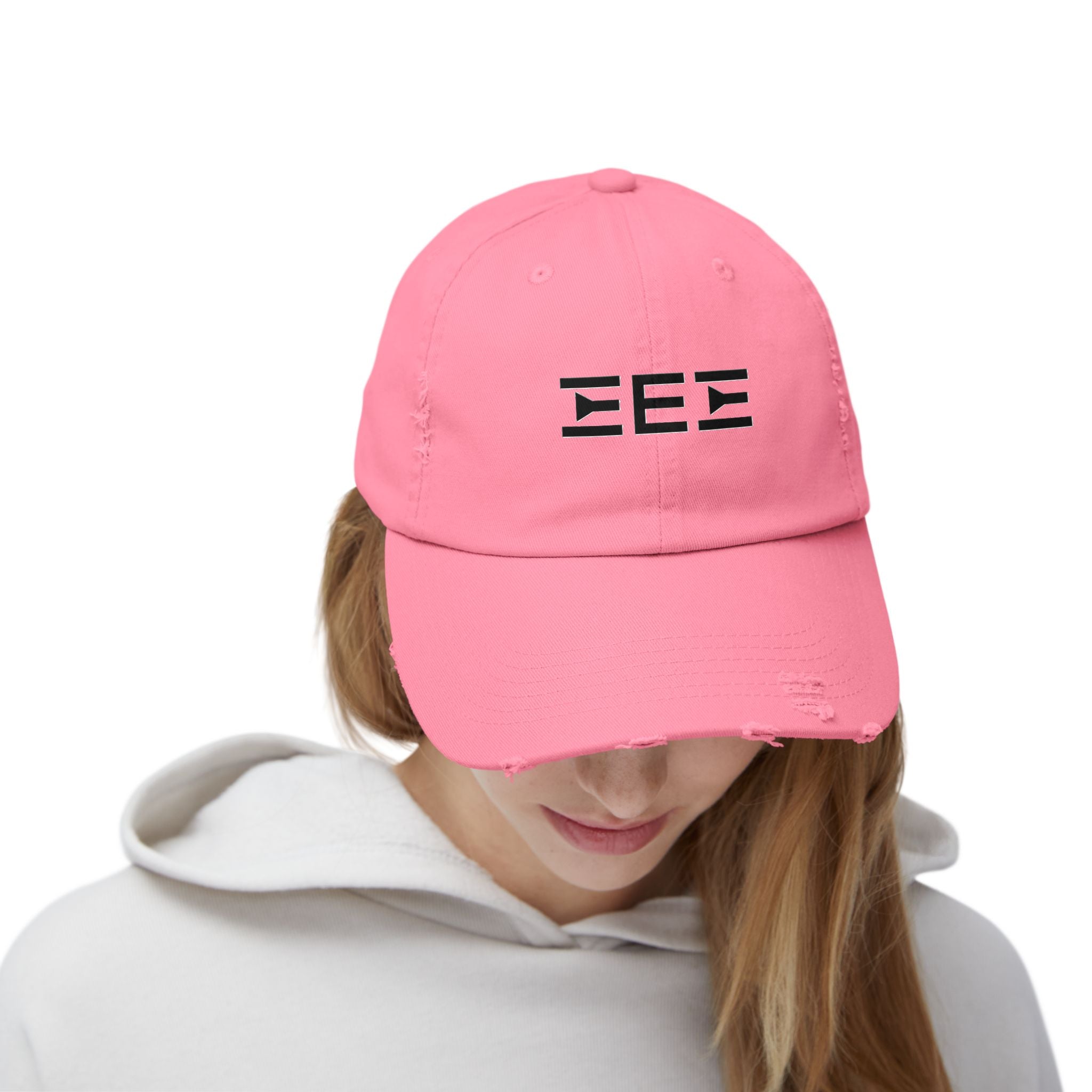 Distressed Baseball Cap with Stylized EEE Logo — Vintage Tan Hat