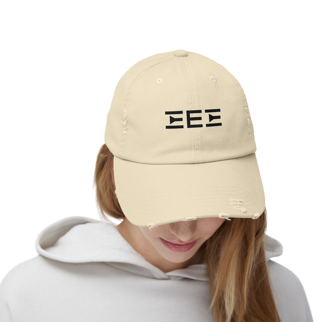 Distressed Baseball Cap with Stylized EEE Logo — Vintage Tan Hat