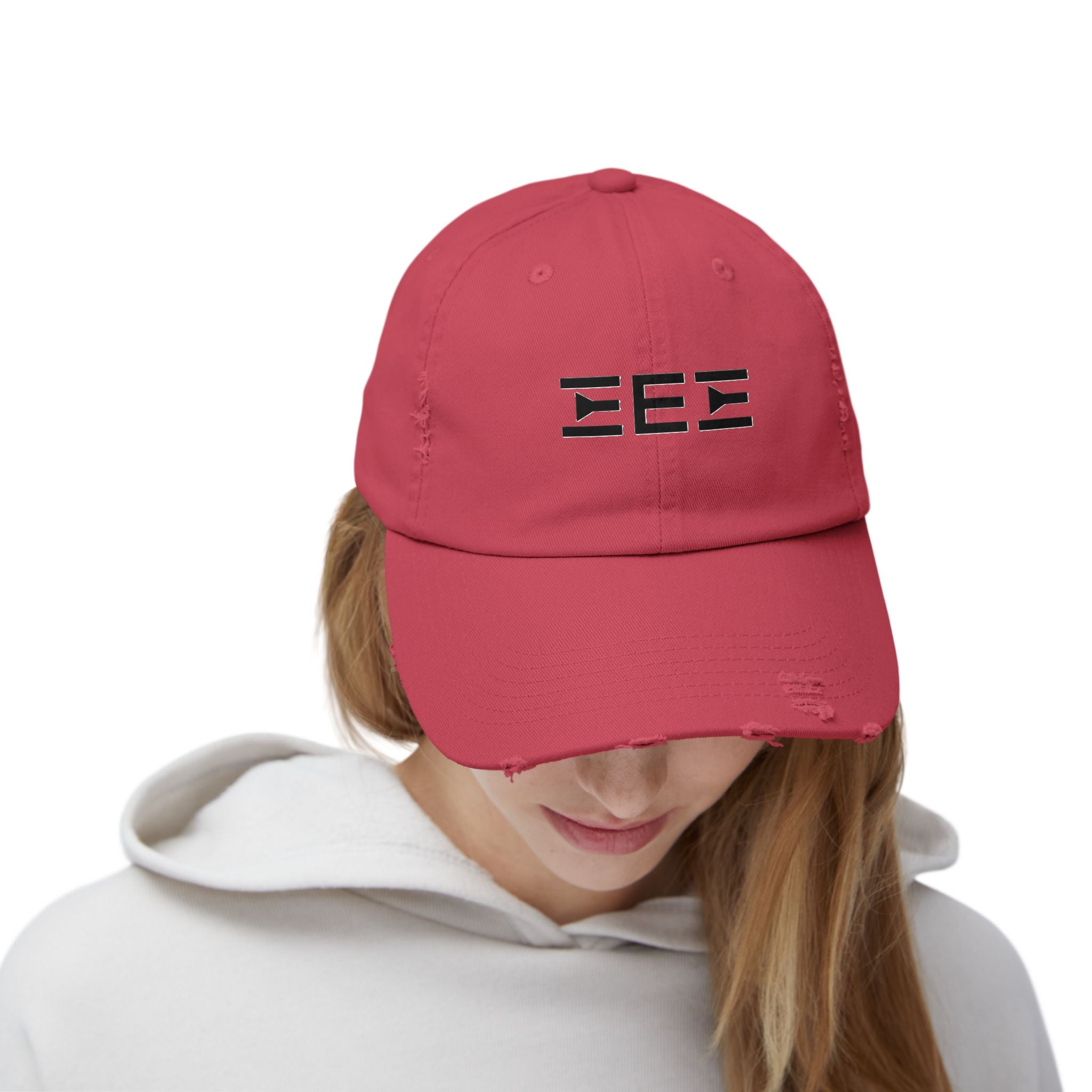 Distressed Baseball Cap with Stylized EEE Logo — Vintage Tan Hat