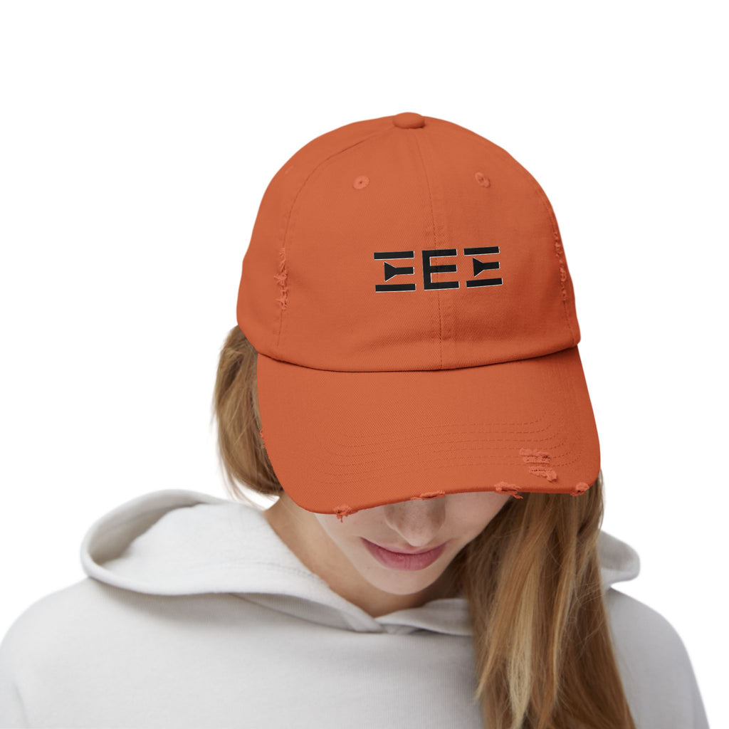 Distressed Baseball Cap with Stylized EEE Logo — Vintage Tan Hat