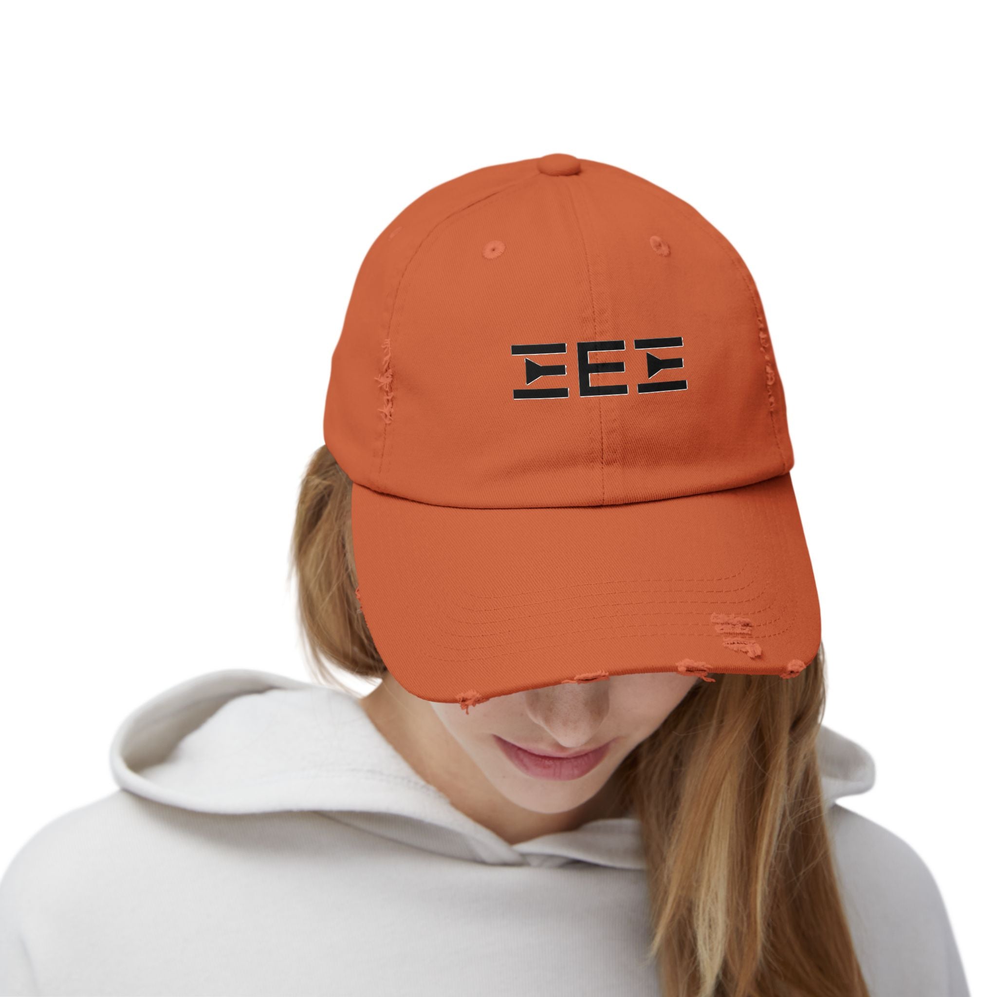 Distressed Baseball Cap with Stylized EEE Logo — Vintage Tan Hat
