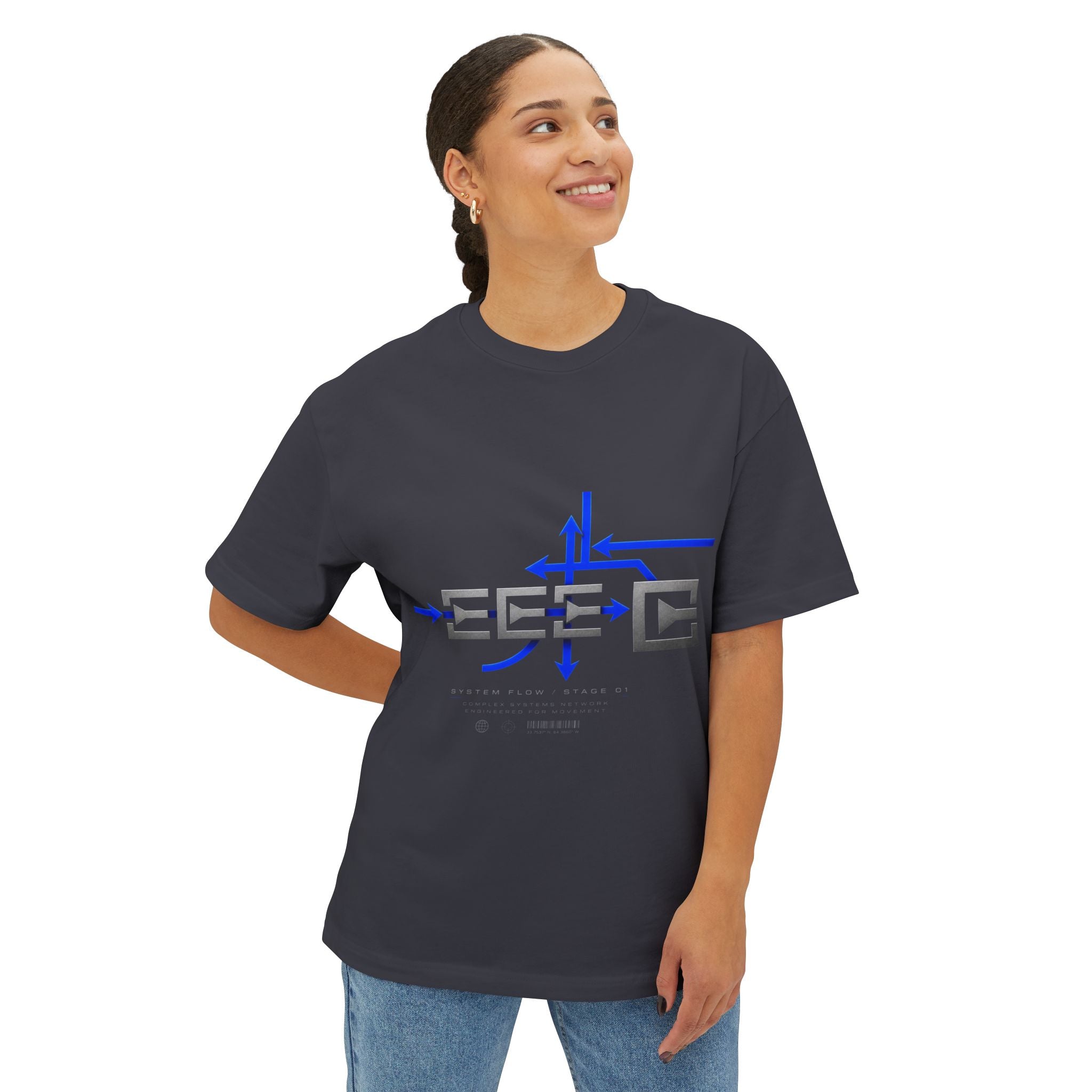 Cyber Tech Logo Tee — Futuristic Blue Graphic Boxy T-Shirt