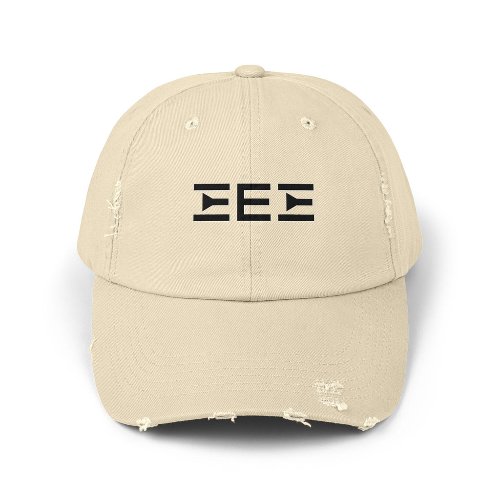 Distressed Baseball Cap with Stylized EEE Logo — Vintage Tan Hat