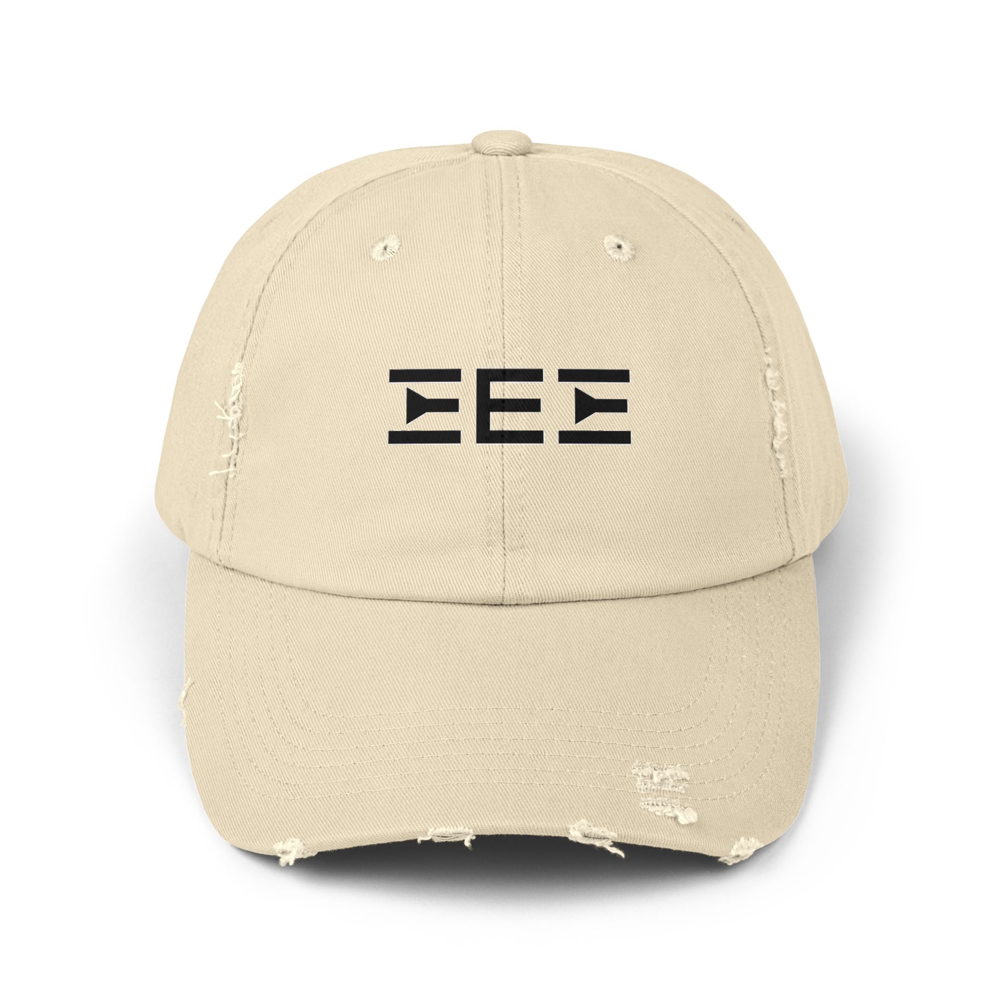 Distressed Baseball Cap with Stylized EEE Logo — Vintage Tan Hat