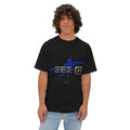 Cyber Tech Logo Tee — Futuristic Blue Graphic Boxy T-Shirt