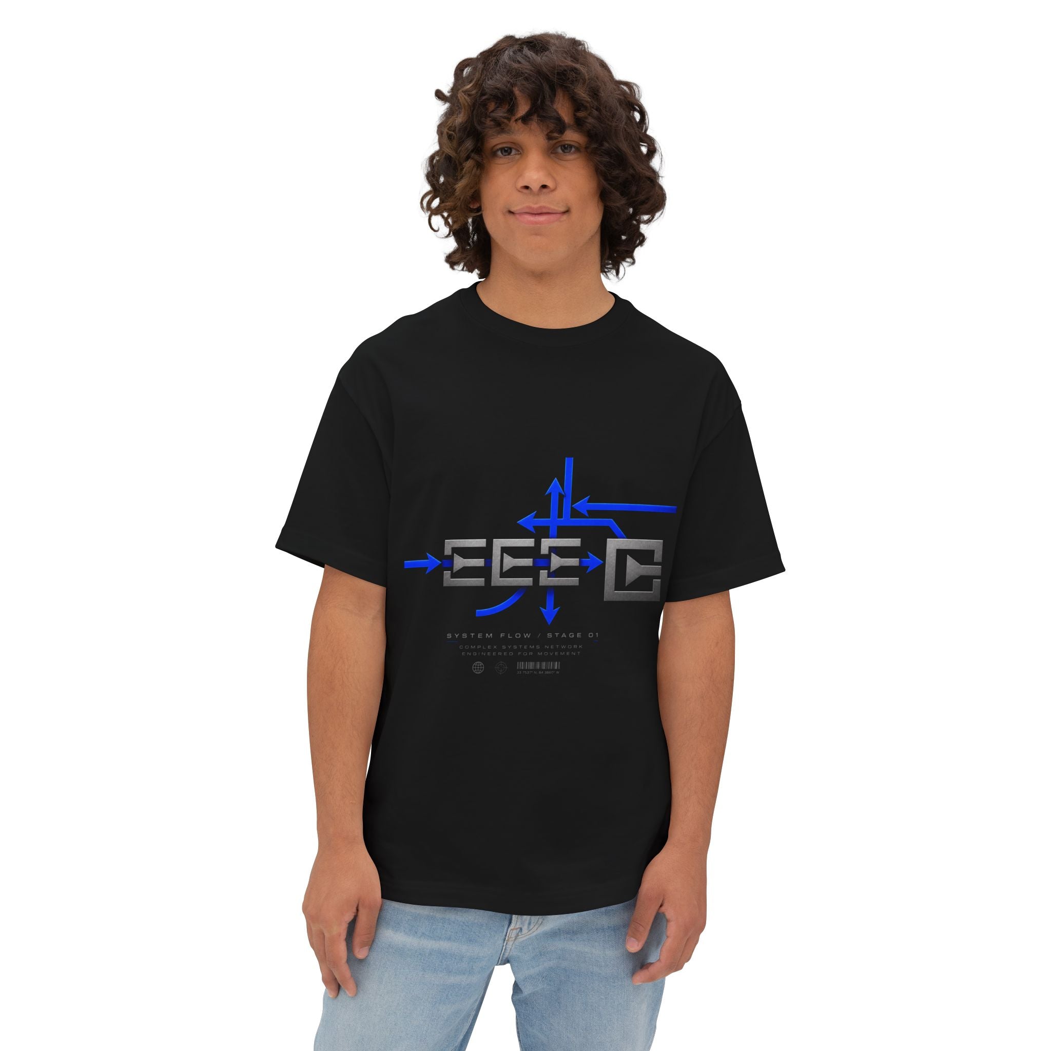 Cyber Tech Logo Tee — Futuristic Blue Graphic Boxy T-Shirt